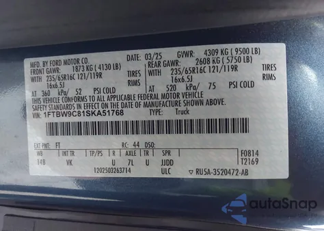 2025 Ford Transit-350 из США, поврежденный, VIN 1FTBW9C81SKA51768